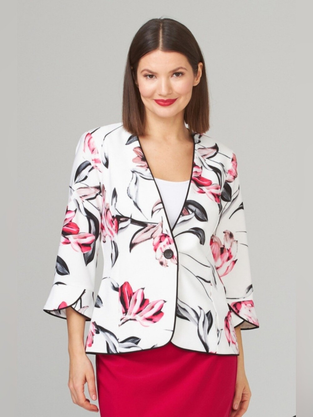 Joseph Ribkoff Floral Jacket Blazer Summer White Pink Tulip 3/4 Sleeves Size 8